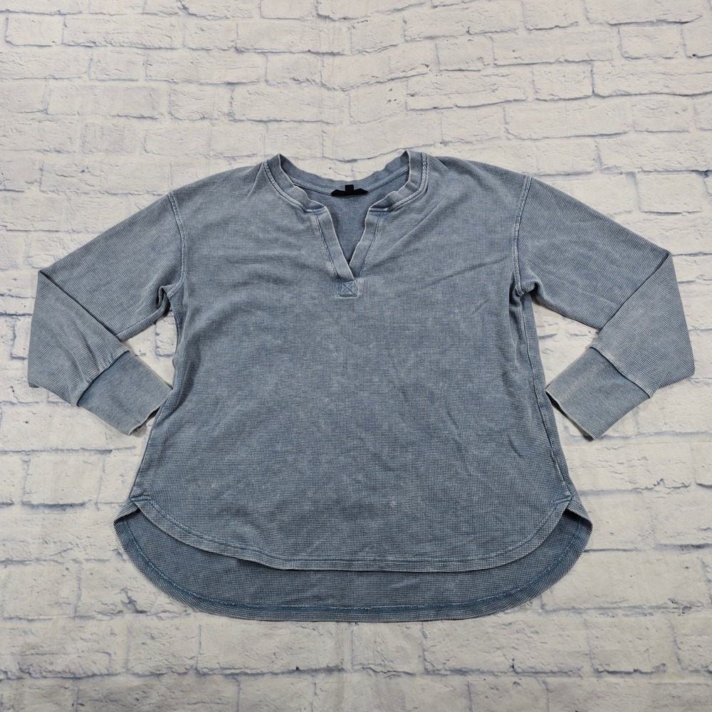 Jane Delancey Thermal Top Womens L Blue Waffle Knit Split Neck Casual Shirt